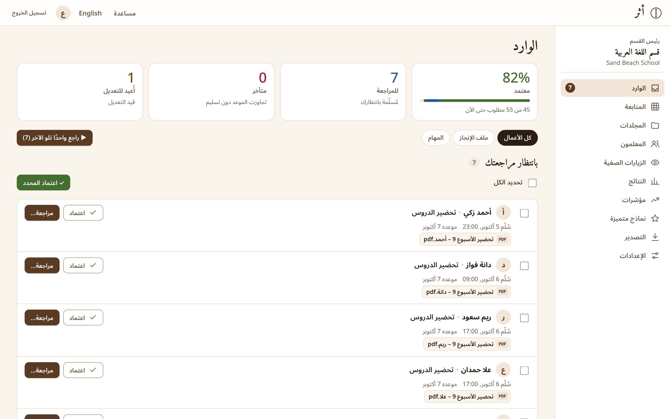صندوق الوارد لرئيس القسم وفيه الأعمال المنتظرة للمراجعة