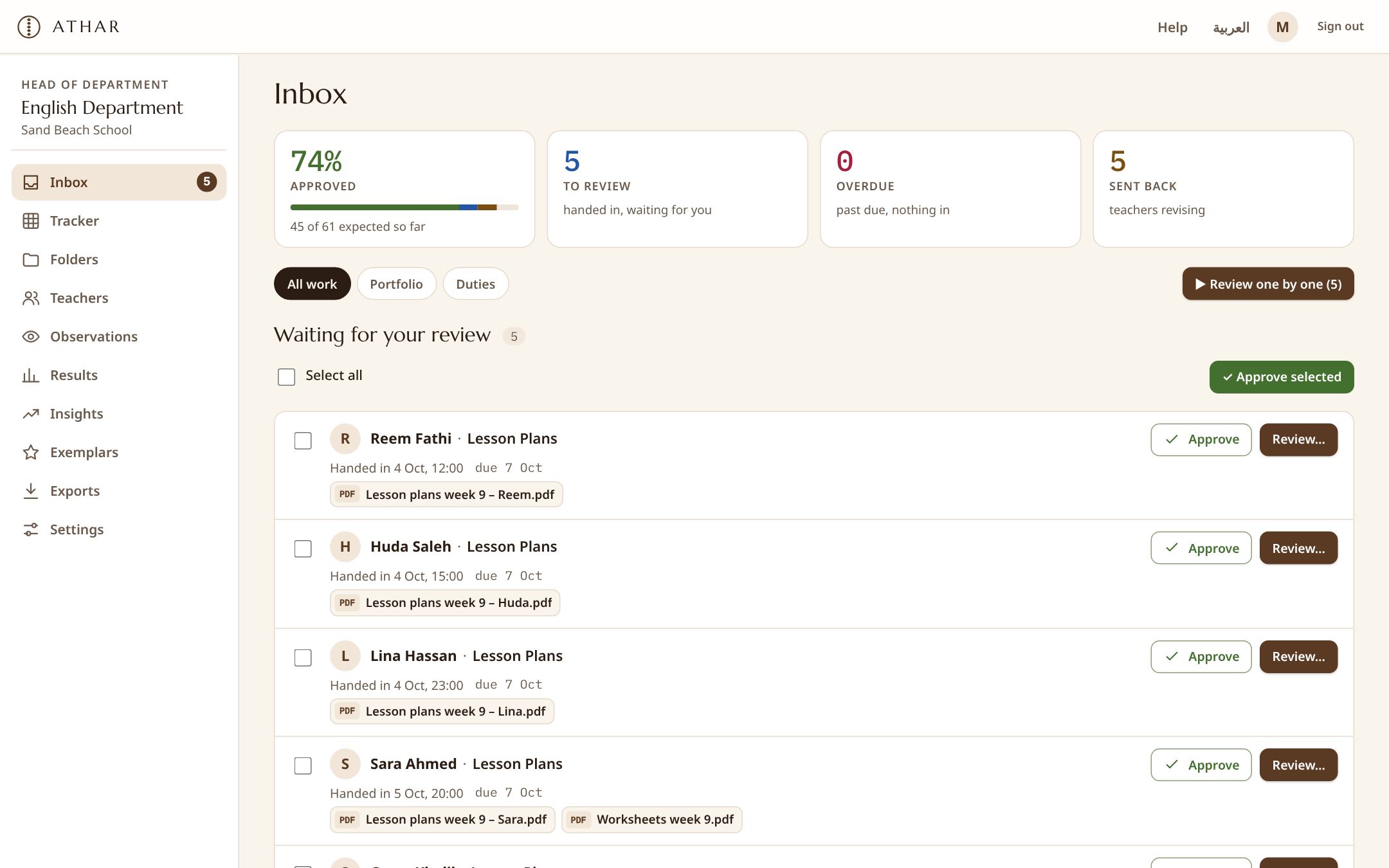 Head of Department inbox with work waiting for review